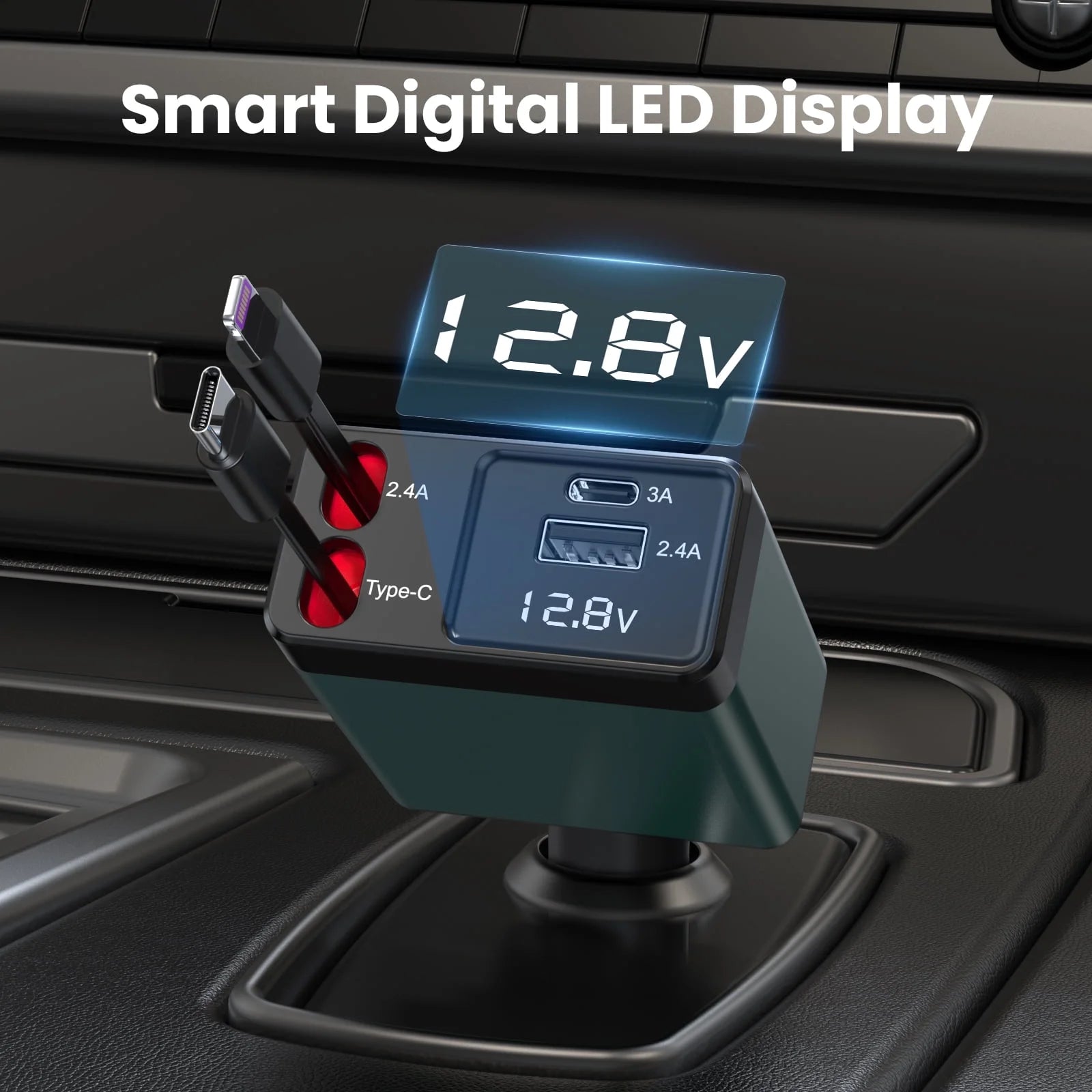 Retractable Car Charger Adapter, 150W Fast Charger for Car, 4 in 1 Car Phone Charger with Cables(2.6Ft), 180° Adjustable,Voltage Display-Green